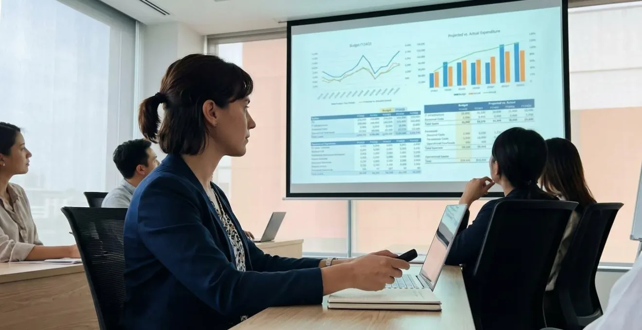Élu du CSE vu de profil suivant une formation, concentré sur un écran projeté avec des graphiques financiers dans une salle moderne