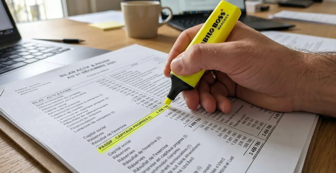 Gros plan macro sur un document de bilan comptable avec des lignes surlignées et une main tenant un stylo en arrière-plan flou